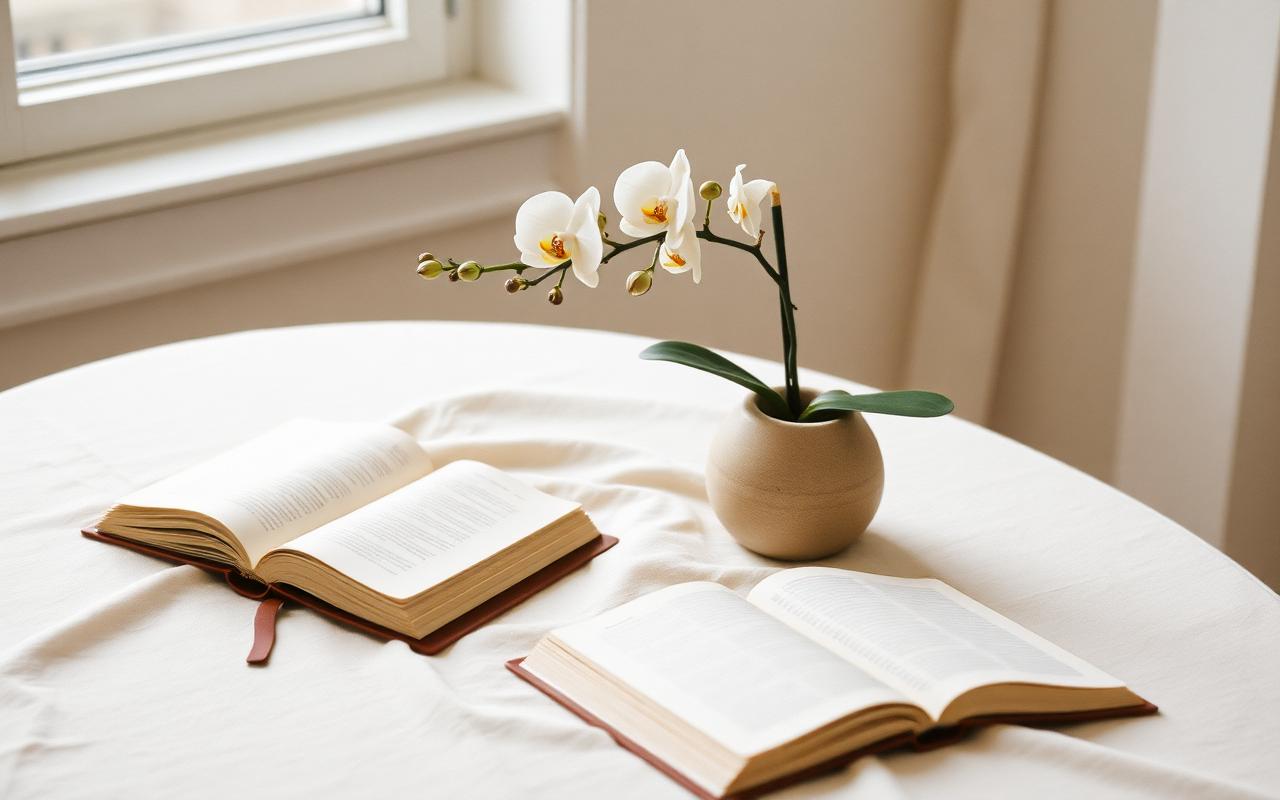 Open notebooks and a single white orchid in soft window light